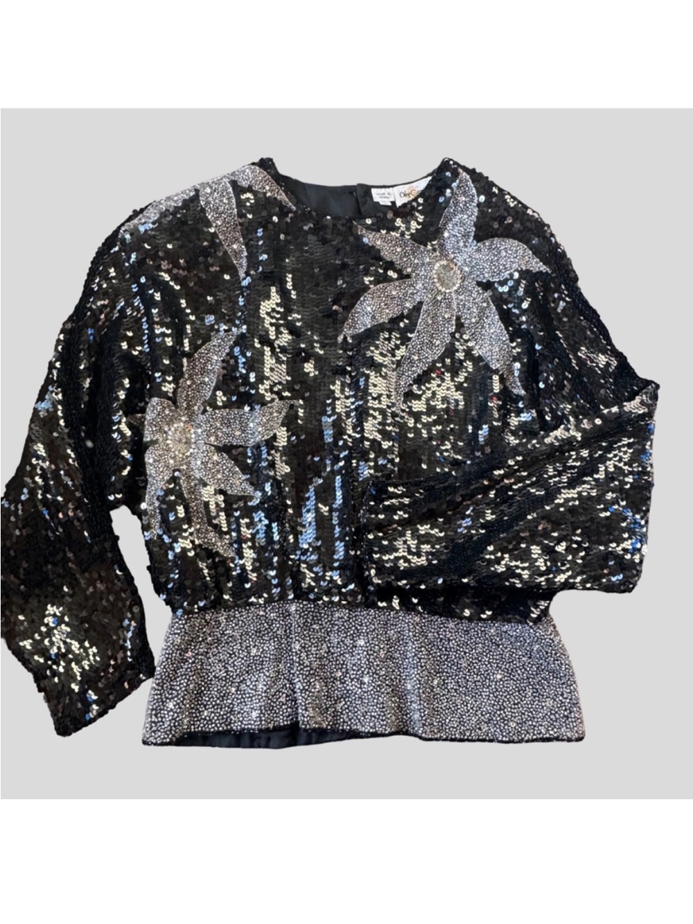 Vintage Oleg Cassini Sequin and Beaded Starburst Silk Blouse Black Tie Cruise